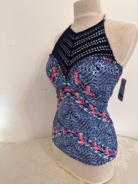 Island Waves Blue Geometric Halter Tankini Top with Black Crochet Yoke